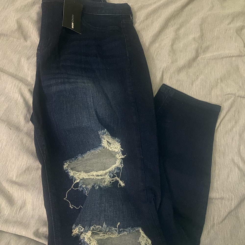 Fashion Nova High Rise Blue Jeans with Distressed Details